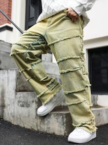 Manfinity EMRG Plus Size Men's Pockets Simple Frayed Edge Casual Jeans - Yellow - View 4