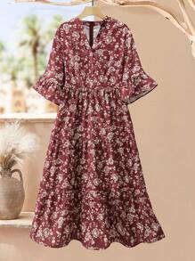 Lacomfia Vestido de verano con cuello en V con estampado floral vintage para tallas grandes