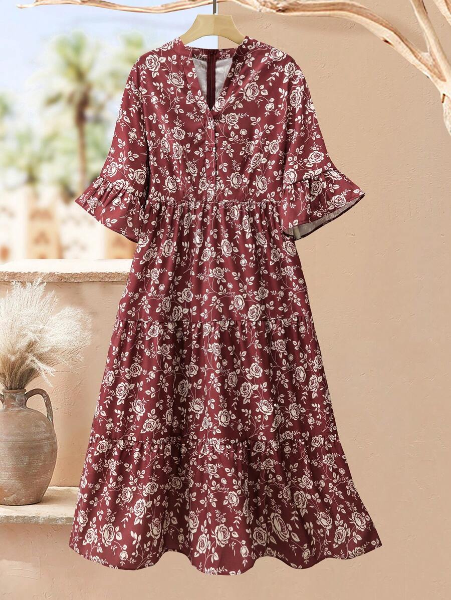 Lacomfia Plus Size Summer Vintage Floral Print V-Neck Dress - Burgundy - View 1