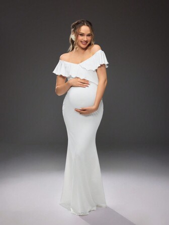 Cheriluna Maternity Off-Shoulder Ruffle Hem Mermaid Dress, Photo Shoot Formal Gown For Christmas Party, Elegant Party, Baby Shower