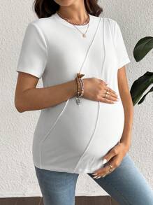 SHEIN Maternity Solid Color Round Neck Short Sleeve Simple Casual Loose T-Shirt - White - View 4