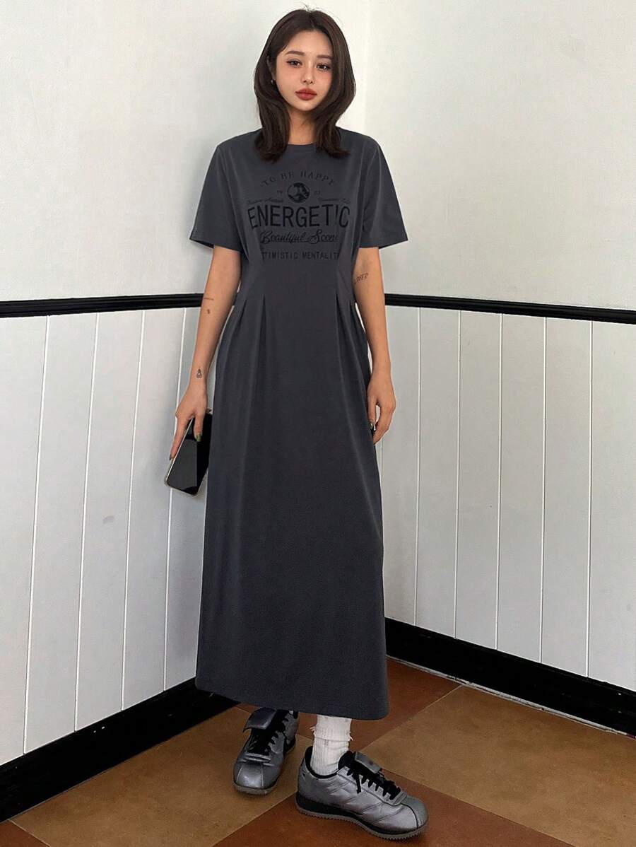 DAZY 女士圆领短袖字母印花休闲宽松连衣裙吊带长裙 - 灰色 - 查看 1