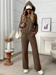 INAWLY 女士连帽拉链运动衫和裤子 2 件套休闲套装 - 棕色 - 查看 5