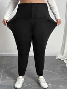 SHEIN CURVE+ Curve Plus Women High Waisted Elastic Tight Pants, Casual Daily/Outdoor/Yoga Leggings, Black, Moisture Wicking Fabric, Breathable, Stretchy, Button Closure, Shapewear Skinny Pants, Pockets Skinny Pants - Black - View 4