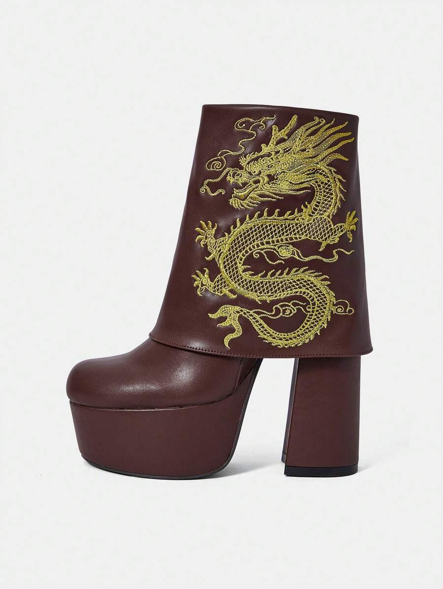 CUCCOO SZL Outdoor Women Round Toe Thick High Heel Waterproof Platform Embroidery Decor Brown PU Double Layer Material Fashion Fashionable Comfy Daily Party Side Zipper Ankle Boots Valentine Day