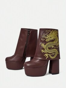 CUCCOO SZL Outdoor Women Round Toe Thick High Heel Waterproof Platform Embroidery Decor Brown PU Double Layer Material Fashion Fashionable Comfy Daily Party Side Zipper Ankle Boots Valentine Day