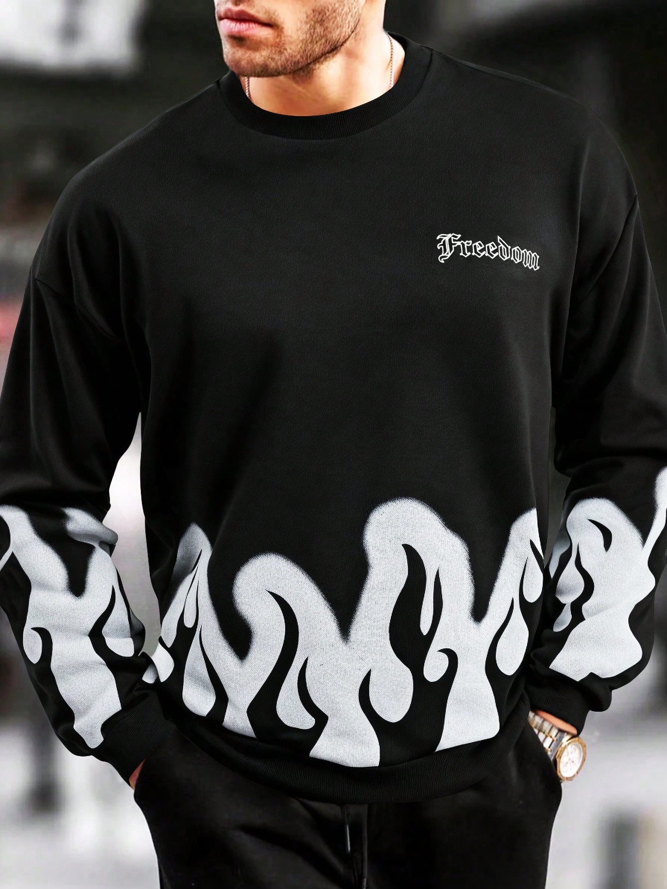 Men's Casual Fashion Crew Neck Loose Fit Flame Print Sweatshirt