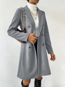 SHEIN PETITE Autumn/Winter Casual Solid Color Double-Breasted Coat Fall Cloth For Women