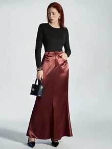 SHEIN Privé Elegant Vintage Style Satin Floor-Length Mermaid Skirt, Sophisticated Minimalist Fashion, Spring/Valentine's Day - Red Violet - View 2