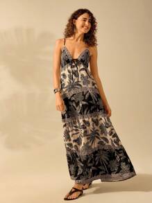 CAJUNI Women's Boho Tropical Print Toucan & Coconut Tree Black And Beige Cami Dress, Casual Vacation Summer Dress - Black and White - View 7