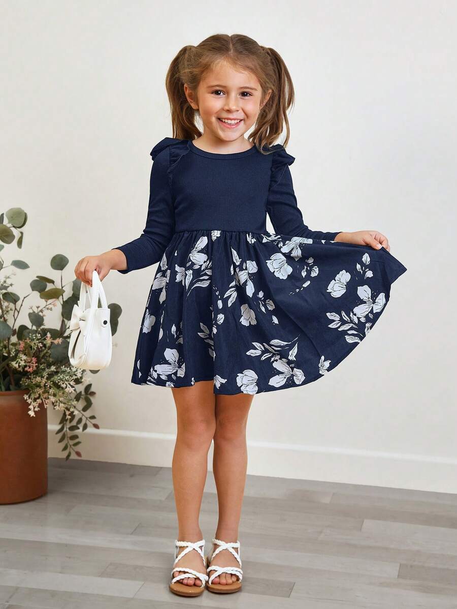 SHEIN Leap Crew 年轻女孩针织纯色蝴蝶袖上衣搭配编织碎花连衣裙 - 藏蓝色 - 查看 1