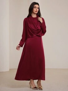 Graceveil Vestido de abaya árabe modesto con cuello de capucha y falda - Burdeos - Ver 5