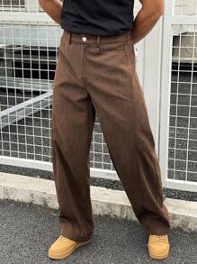 Manfinity Homme American Corduroy Washed Utility Pants For Men, High-End Casual Loose Straight Leg Trousers, Japanese Style Men Wide Leg Parts