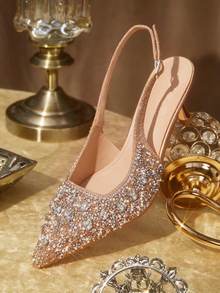 CUCCOO TILAWA Women's Pointed Toe High Heel Rhinestone Bridal Shoes, Champagne Closed Toe Special Occasion Pumps Spring Shoes Spring Break Easter Prom Heels For Christmas