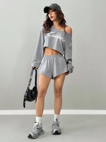 Coolane 2pcs/Two Pieces Women's Spring Fall Summer Daily Wear Athleisure Basic Knit Letter Print Comfortable Grey Over Size Asymmetrical Neck Long Sleeve Cropped Pullover Sweatshirt And Mid Rise Elastic Waistband Sweater Shorts Set