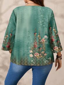 EMERY ROSE Plus Size Women's Casual All-Over Print Round Neck Loose 3/4 Sleeve Blouse - Green - View 6