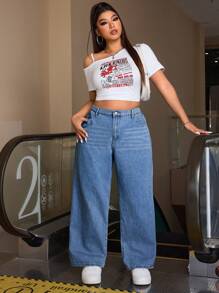 SHEIN ICON Plus Size Front Button Pocket Simple Denim Jeans, Casual Daily - Dark Wash - View 4