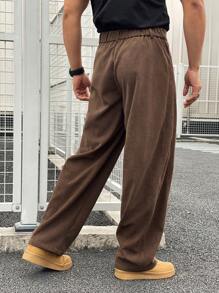 Manfinity Homme American Corduroy Washed Utility Pants For Men, High-End Casual Loose Straight Leg Trousers, Japanese Style Men Wide Leg Parts