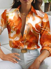 SHEIN Clasi Women's Long Sleeve Button Down Casual Shirt With Gilded Time All-Over Print,Long Sleeve Tops - Orange - View 6