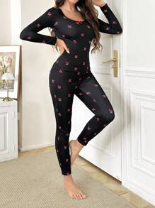 Cherry Blossom Print Thermal Lined Slim Fit Long Sleeve Top & Long Pants Women's Base Layer Set