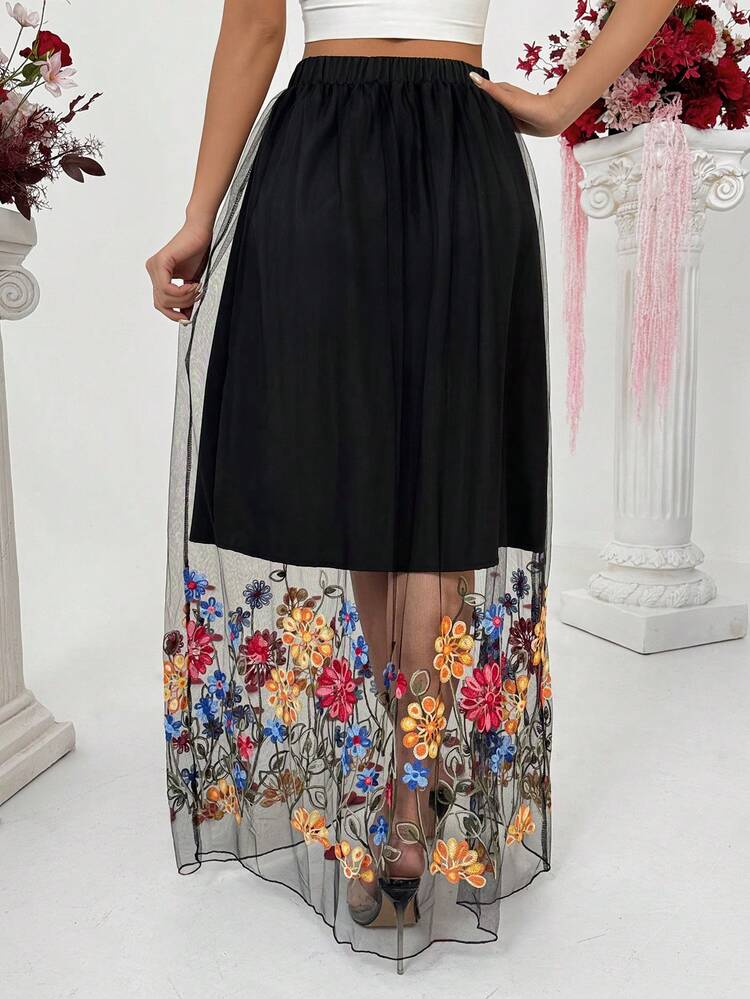 Chiquease Falda elástica de mujer con cintura alta, de tela de malla transparente con bordado floral - Multicolor - Ver 2