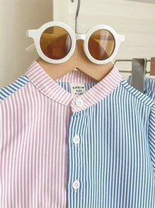 2pcs Young Boys Cute Striped Color-Blocked Stand-Collar Short-Sleeved Shirt And Shorts Set,Casual Comfortable Summer Outings Vacations School Outfits - Multicolor - View 7