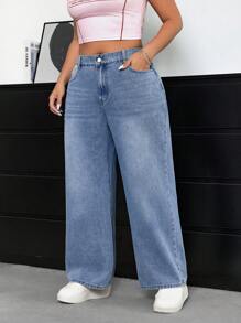 SHEIN EZwear 大尺碼破壞風寬腿牛仔褲 - 淺色水洗藍 - 查看 5