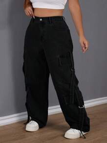 SHEIN SXY Pantalones vaqueros de talle medio y corte holgado con múltiples bolsillos para talla grande - Negro - Ver 4
