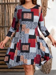 SHEIN ثوب قصير ضيق لون محدب موسم الربيع/الصيف بأكمام ثلاثة أرباع, أسلوب متباين مناسب للمكتب والخروج للمرأة البدينة - متعدد الألوان - مشاهدة 7