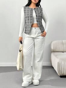 SHEIN EZwear Plus Size Women Houndstooth Pattern Single Breasted Casual Blazer Vest, Autumn