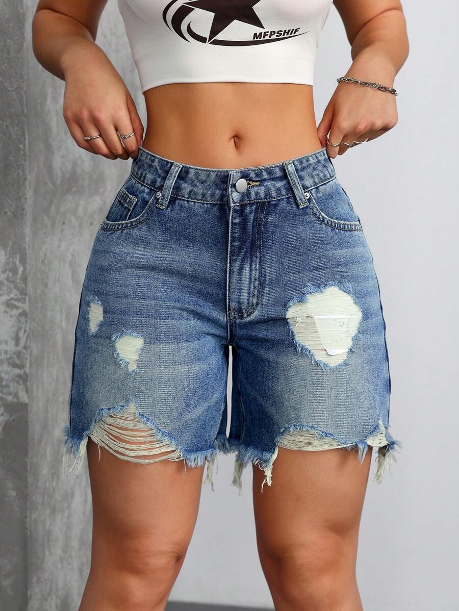 SHEIN ICON 女式破洞口袋磨边休闲牛仔短裤 - 中等水洗藍 - 查看 1