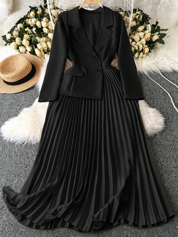 DreamSkyne Women's Plus Size Long Sleeve Black Elegant Pleated Maxi Dress, Office Dress, Business Casual Dress