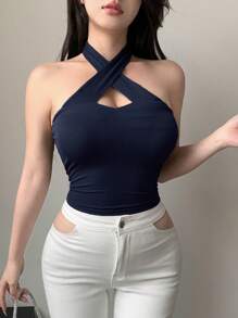 DAZY Women's Solid Color Halter Design Sleeveless Wrapped Summer Short Tank Top For Beach & Holiday Halter Top - Navy Blue - View 3