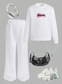 Conjunto de 2 piezas para niña preadolescente con sudadera de cuello redondo blanca con estampado de corazón en llamas y diseño cultural en Y, y pantalones, diseño elegante para la escuela, viajes, otoño/invierno