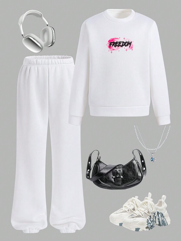 Tween Girl Flame Heart & Y-Culture Print White Crew Neck Sweatshirt & Pants 2pcs Set, Stylish Design For School, Travel, Autumn/Winter