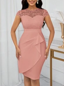 SHEIN Lady Hochzeitsgast Kleid mit Spitzen-Absteppung, rundem Ausschnitt und ungeplanter Saumlinie für Damen - Altrosa - Übersicht 3