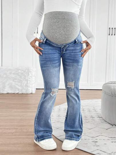 SHEIN Pregnant Women Gray Knitted Maternity Blue Ripped Elastic Flare Jeans