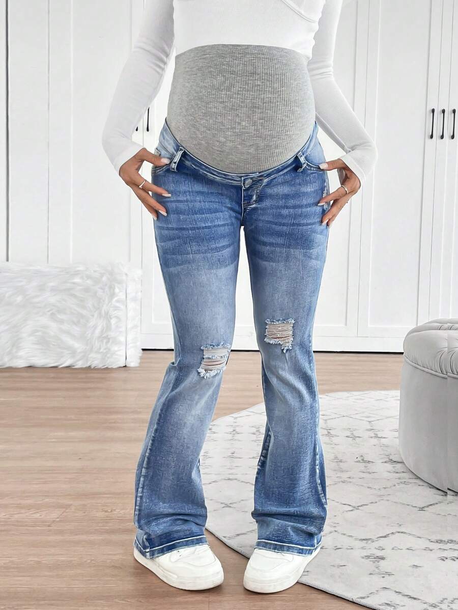 SHEIN Jeans de maternidad acampanados de tela elástica desgarrados en azul para mujeres embarazadas en gris tejidos