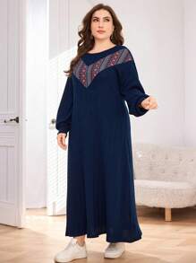 Mulvari Plus Size Casual Loose Fit Patchwork Pattern Fashionable Commuter Dress Maxi Women Outfit - Navy Blue - View 5
