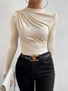 SHEIN PETITE 女士纯色长袖褶皱时尚 T 恤