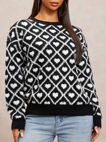 SHEIN SXY 黑白心形装饰休闲时尚针织上衣，适合情人节
