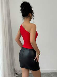 Selianne New Red Solid 3D Floral Oblique Collar One Shoulder Strap Fitted Elegant Backless Knit Top For Women, Spring/Autumn For New Year Clothes - Red - View 4