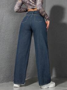 SHEIN ICON 牛仔休闲长裤，简约时尚，适合日常穿着 - 深色水洗藍 - 查看 3