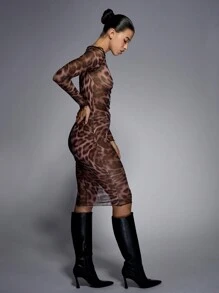 MISSGUIDED Leopard Print Sheer Mesh Exposed Seam Long Sleeves Boat Neck Bodycon Midaxi Dress - Multicolor - View 6