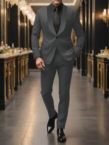 Manfinity Mode 1 Set Men's Solid Color Suit: Blazer And Trousers - Dark Grey - View 1