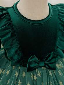 Glamorique Kids Christmas Baby Girl Green Tulle Gold Star Puffy Party Dress, Long Sleeve Velvet Ruffle Autumn/Winter Baby Girl Dress, Bowknot Front, Suitable For Daily, Stage Performance, Middle East & Europe - Dark Green - View 3