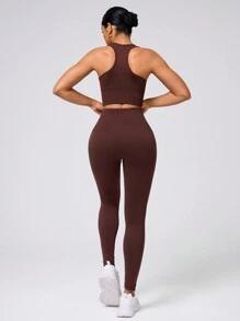 Women's Casual Round Neck Sleeveless Top And Long Pants Sports Suit Set Gym Set Workout Women Setwomen Workout Set - Coffee Brown - View 3
