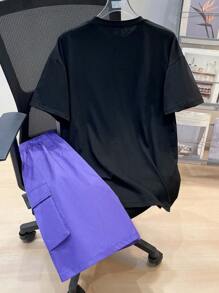 SHEIN Conjunto deportivo informal para adolescentes de 2 piezas - Camiseta de manga corta + Pantalones cortos de color contrastado, estilo punk rock adecuado para eventos de primavera/verano, fiestas, festivales de música - Multicolor - Ver 2