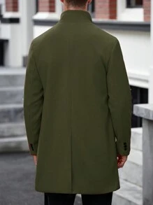 Manfinity Homme Men's Casual Solid Color Stand Collar Woolen Overcoat, Autumn, Fall - Army Green - View 2