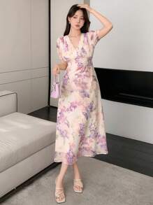 DAZY Women's Ditsy Floral V-Neck Short Sleeve Casual Long Dress Summer Sundress Vacation Outfits Women Easter - Pink - View 2